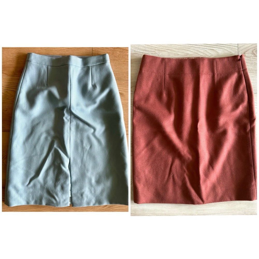 Bundle (2) J. Crew Size 6P 100% Wool Pencil Skirts, Blue & Burgundy